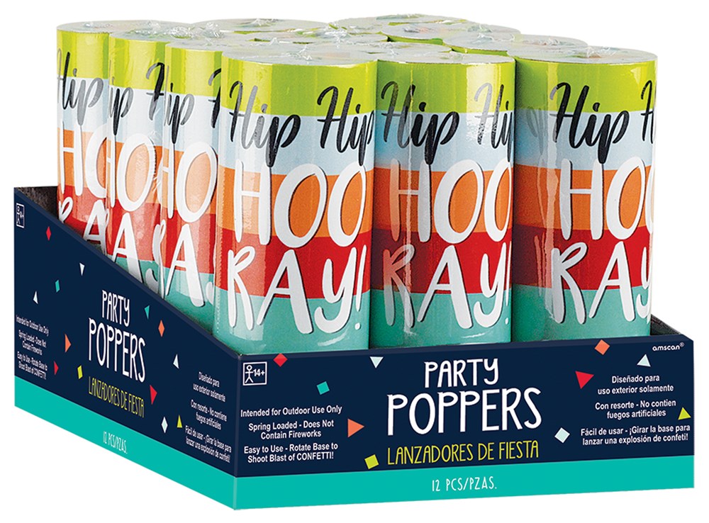 Colorful party poppers with "Hip Hip Hooray" text, yellow and orange tops, 12-pack display box.