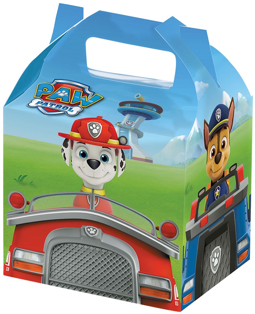 Blue cardboard treat box with Paw Patrol characters Chase and Marshall, featuring a handle on top and colorful cartoon.