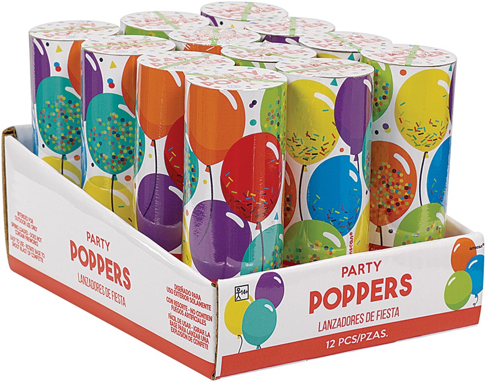 Colorful cylindrical confetti poppers with balloon designs in orange, blue, purple, red, and green, displayed in a white.