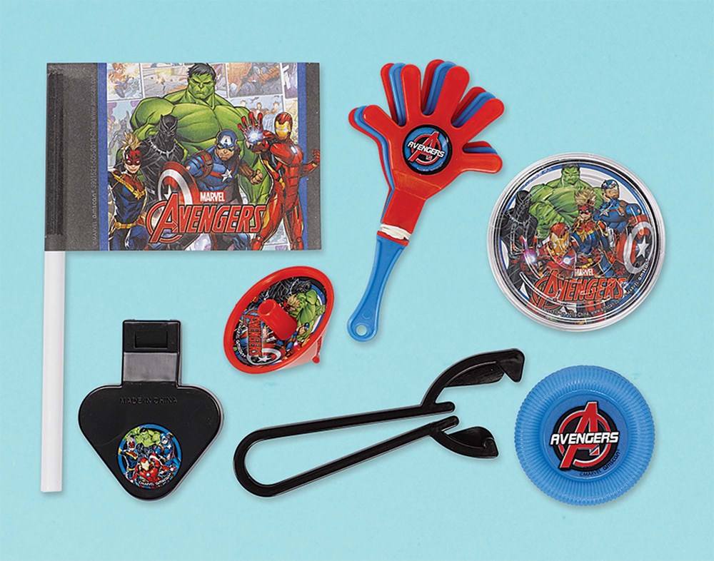 Marvel Avengers party favor set with Hulk-themed flag, red foam hand clapper, Avengers pin wheel, black plastic grabbers,.