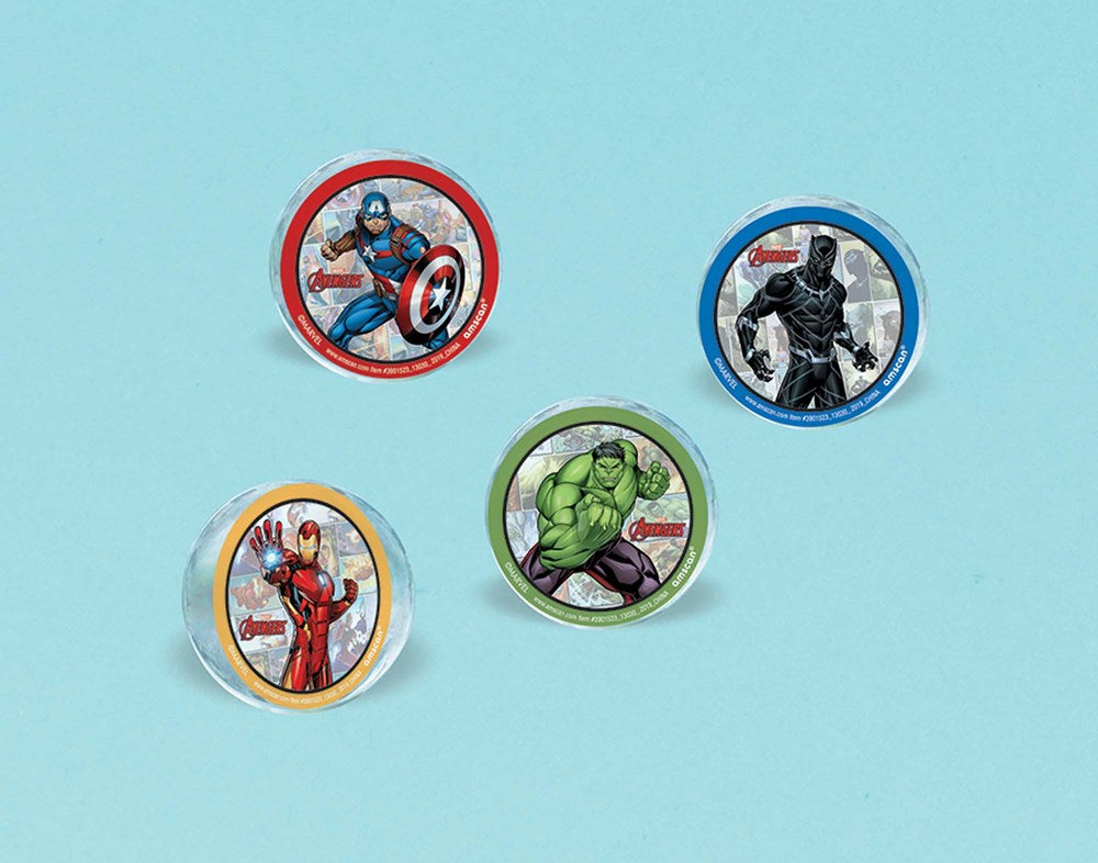 Set of four round bouncy balls featuring Captain America, Black Panther, Iron Man, and Hulk with colorful character designs.