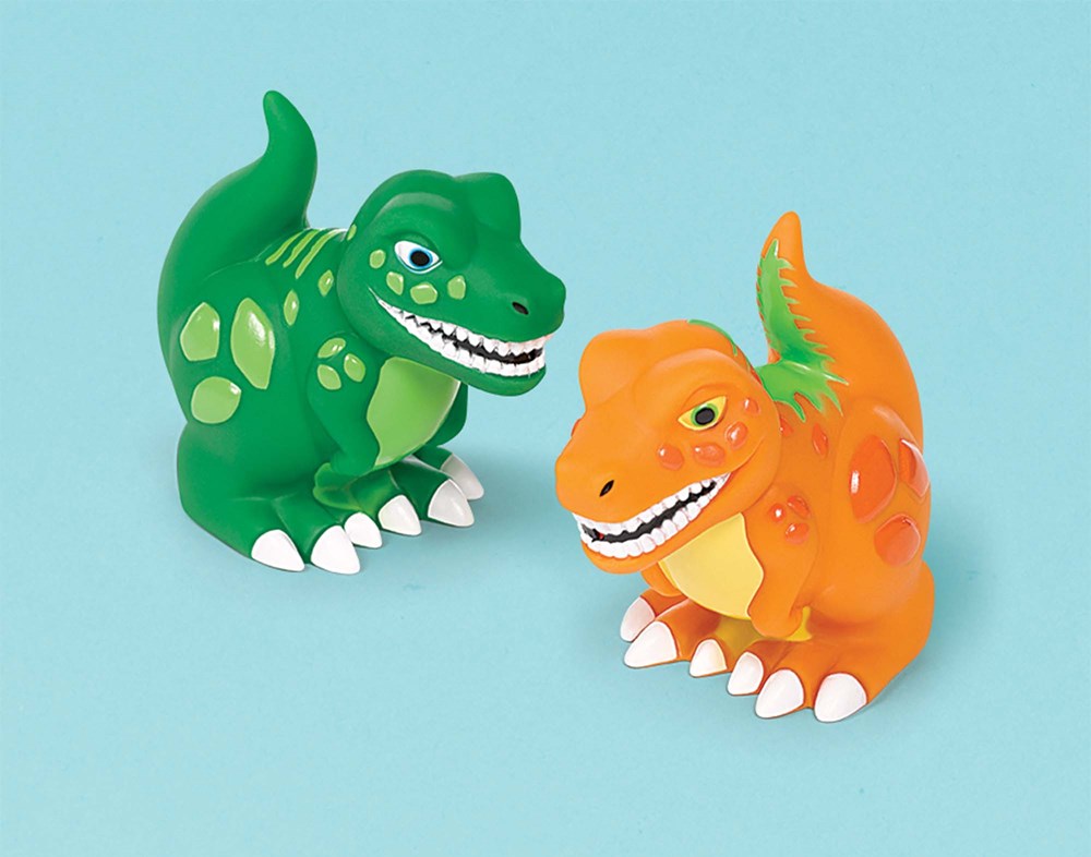 Set of four colorful plastic dinosaur squirt toys, featuring green and orange T-Rex designs with white claws and playful.