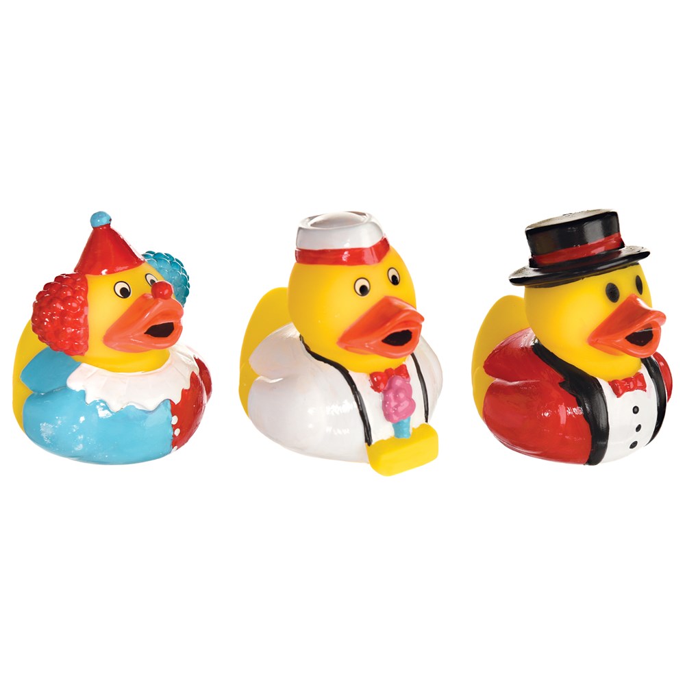 Set of three rubber ducks dressed as carnival characters in colorful costumes with hats and accessories.