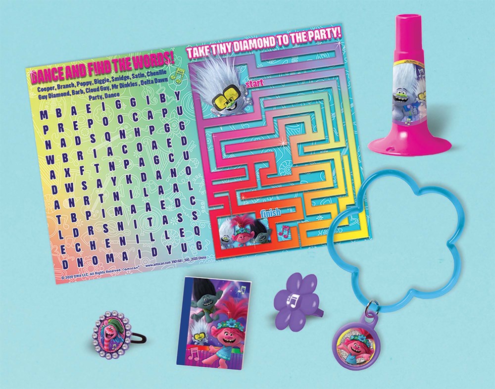 Trolls World Tour party favors including a word search, colorful maze game, purple flower ring, blue flower-shaped bracelet,