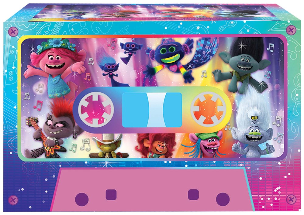 Colorful rectangular favor box designed like a pink and blue cassette tape featuring Trolls characters on the front.