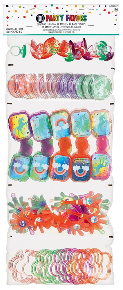 Colorful unicorn-themed party favors assortment including rings, bracelets, and spinning tops in pastel pink, purple, green,