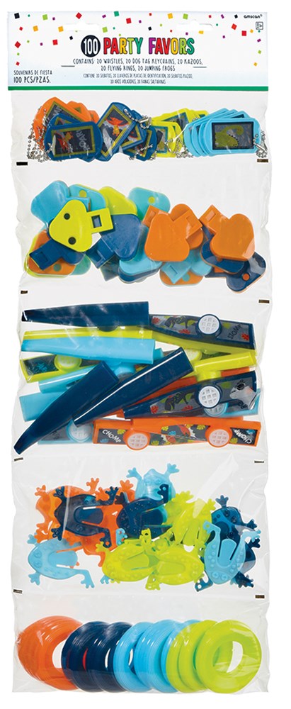 Assorted colorful plastic dinosaur toys and rings in blue, orange, green, and yellow, packaged in clear plastic bag with.