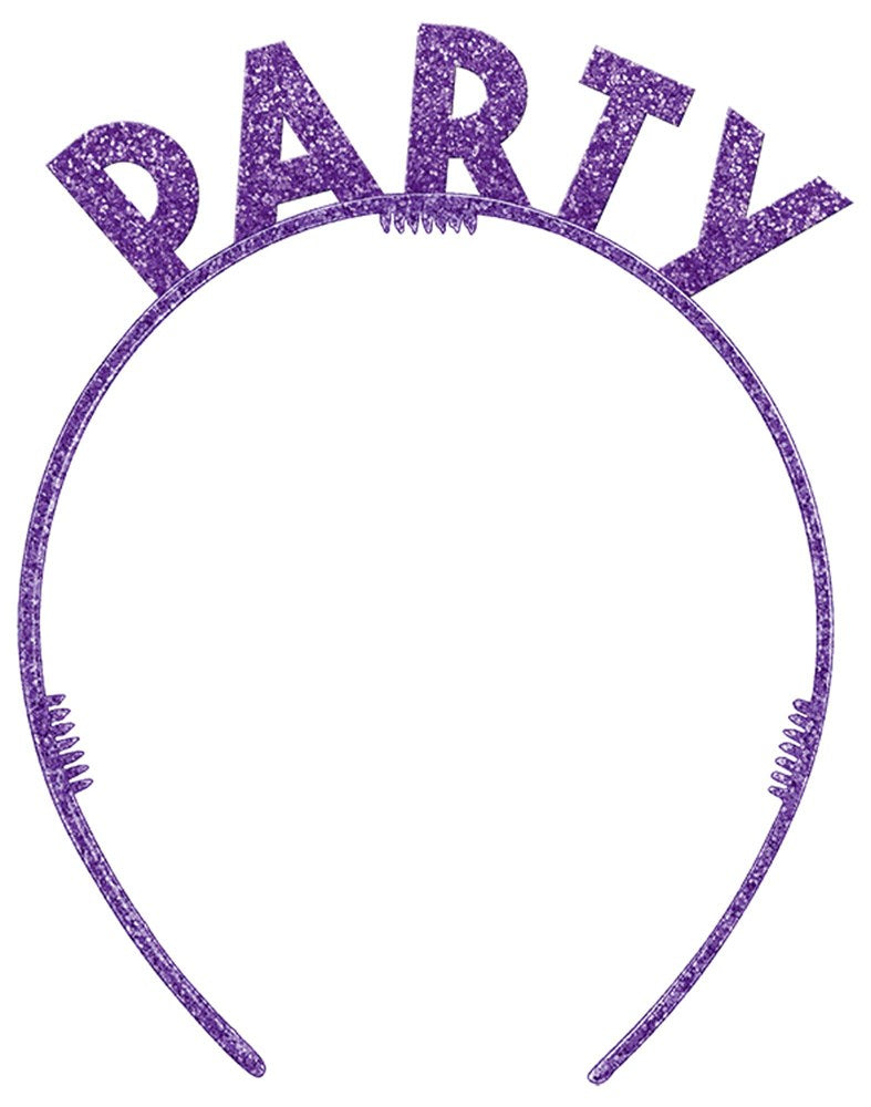 Purple glitter plastic headband with letters spelling PARTY in uppercase.