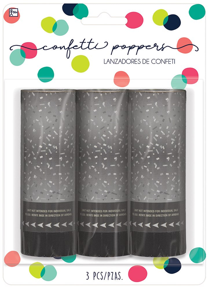 Three silver confetti poppers with black and white patterned bands in colorful polka dot packaging.