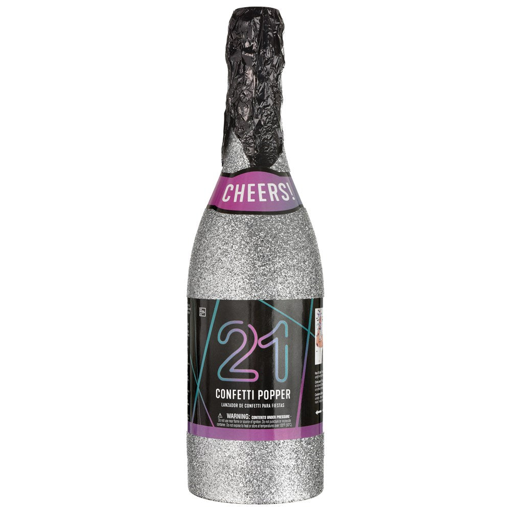 Silver glitter bottle popper labeled "21 Confetti Popper" with a purple "Cheers!" neck tag.