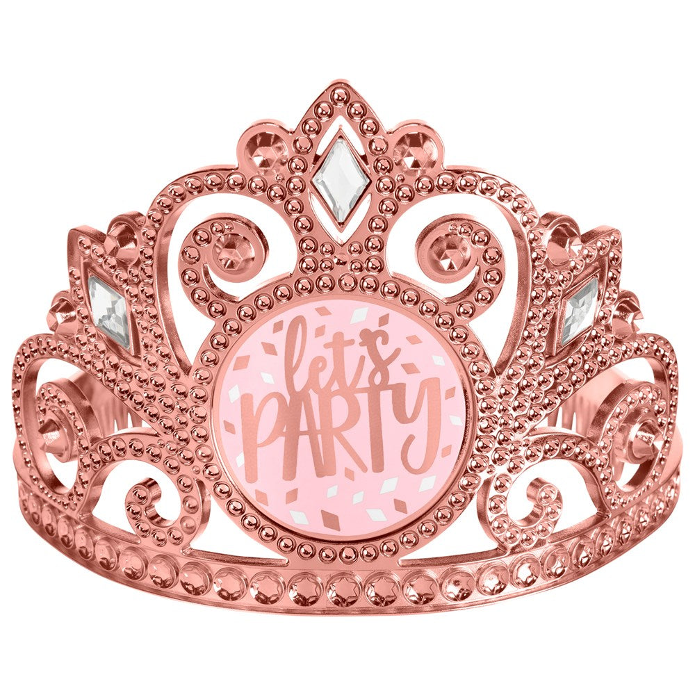Rose gold metal birthday tiara with ornate swirls and "let's PARTY" text in center circle.