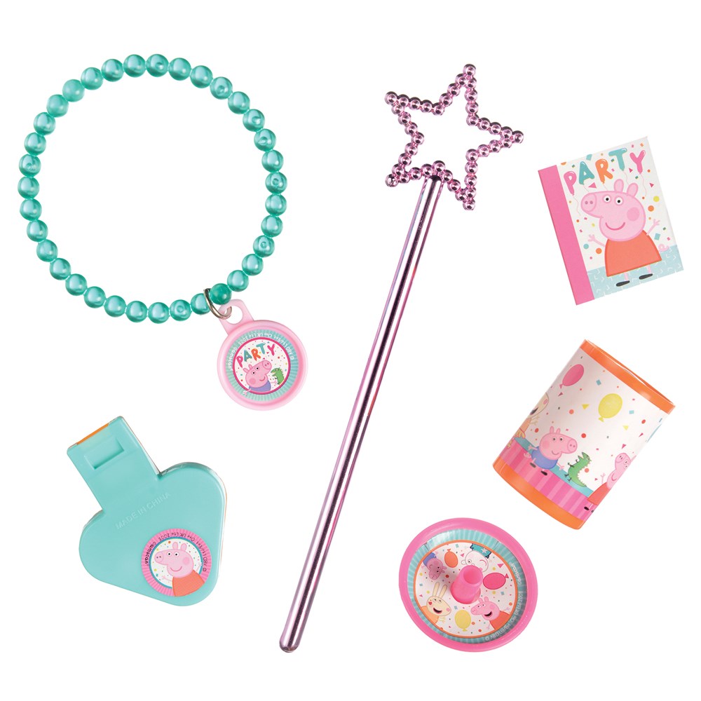 Set of Peppa Pig-themed party favors including teal bead bracelet, pink star wand, confetti popper, whistle, and small party