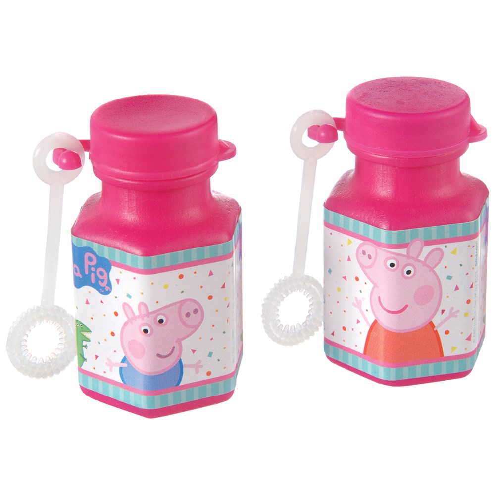 Eight pink plastic mini bubble bottles featuring Peppa Pig and George, decorated with colorful confetti patterns.