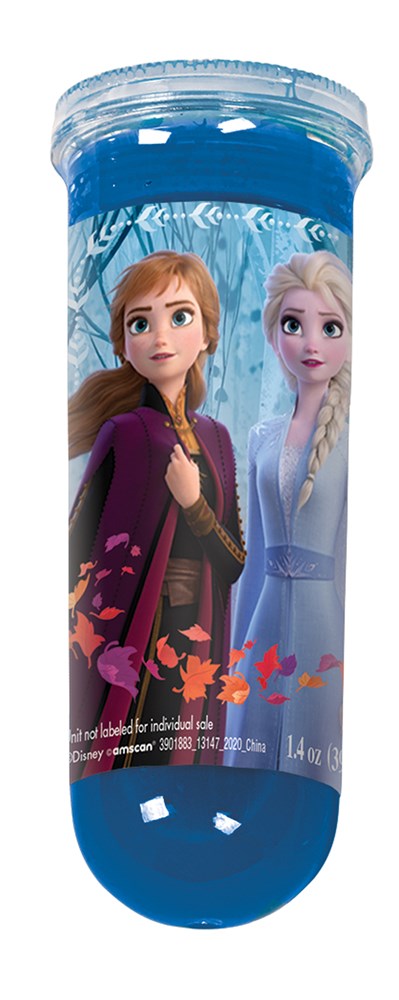 Blue slime tube with clear plastic cap, featuring Frozen 2 characters Anna and Elsa on a wintery background.
