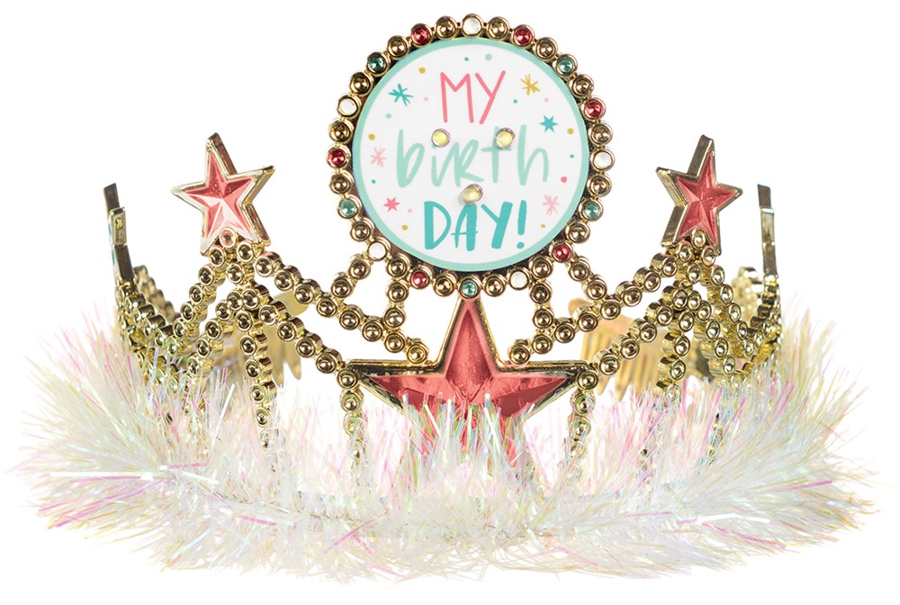 Gold-tone metal birthday tiara with pink star accents, white fluffy base, and light-up "My Birthday!" sign centerpiece.