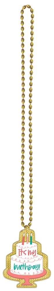 Gold-tone beaded necklace with a rectangular pendant featuring colorful "Happy Birthday" text and birthday cake illustration.