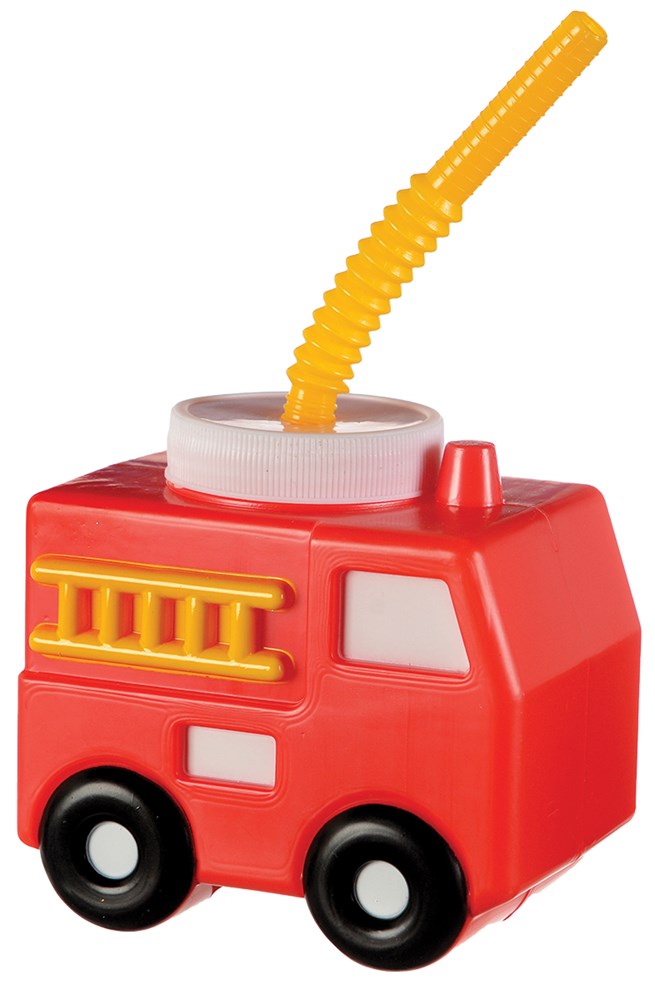 Red fire truck-shaped sippy cup with yellow flexible straw and black wheels.