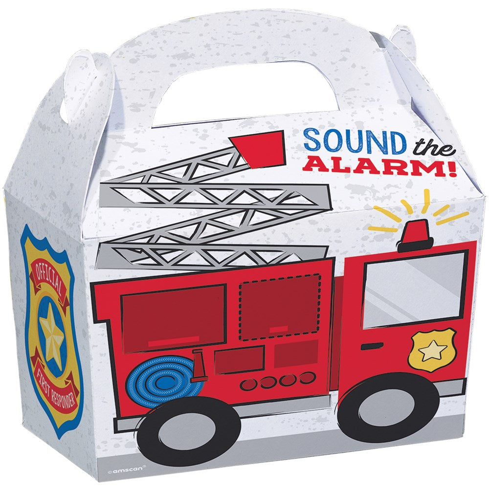 White cardboard treat box with red fire truck illustration, firefighter badge, and "Sound the Alarm!" text.