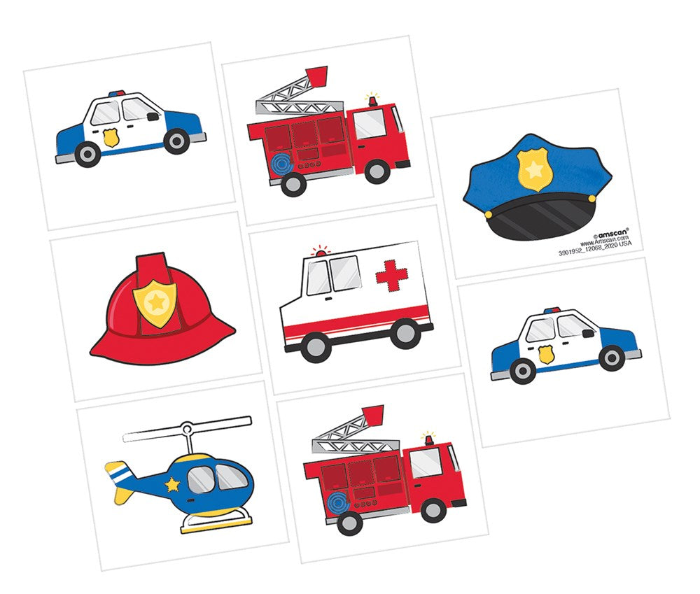 Sheet of eight temporary tattoos featuring colorful first responder themes including police cars, fire trucks, a fire.
