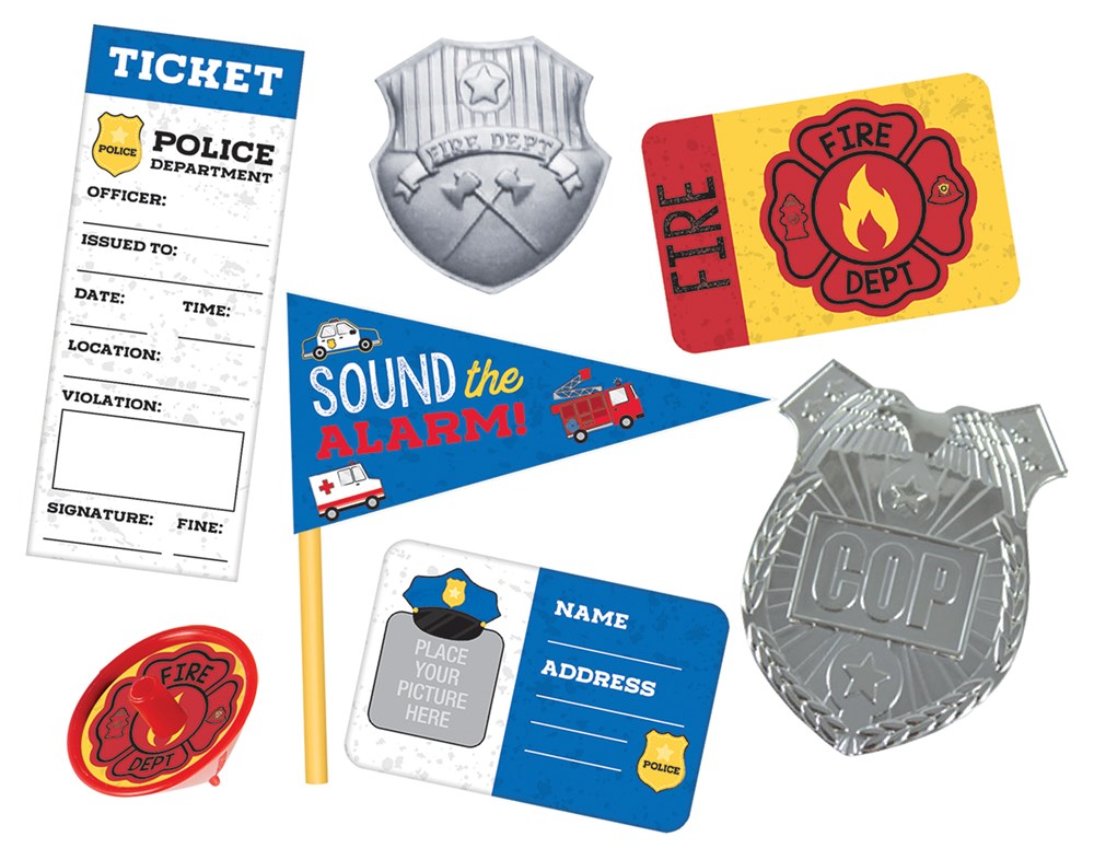 Colorful first responder themed party favor set with police badge, fire department patch, ticket, and ID cards.