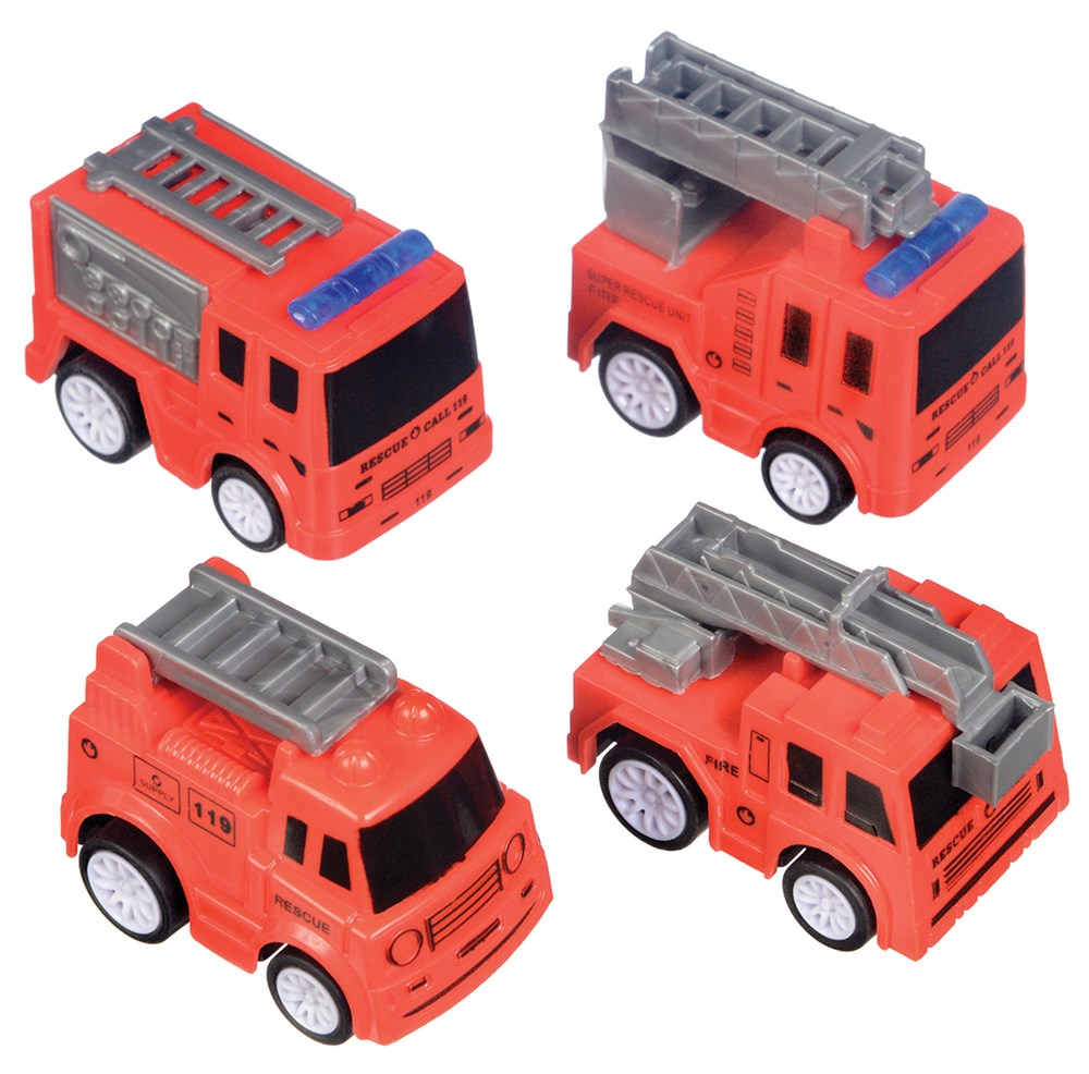 Four small red toy fire trucks with black and silver detailing, each featuring ladders and blue lights on top.