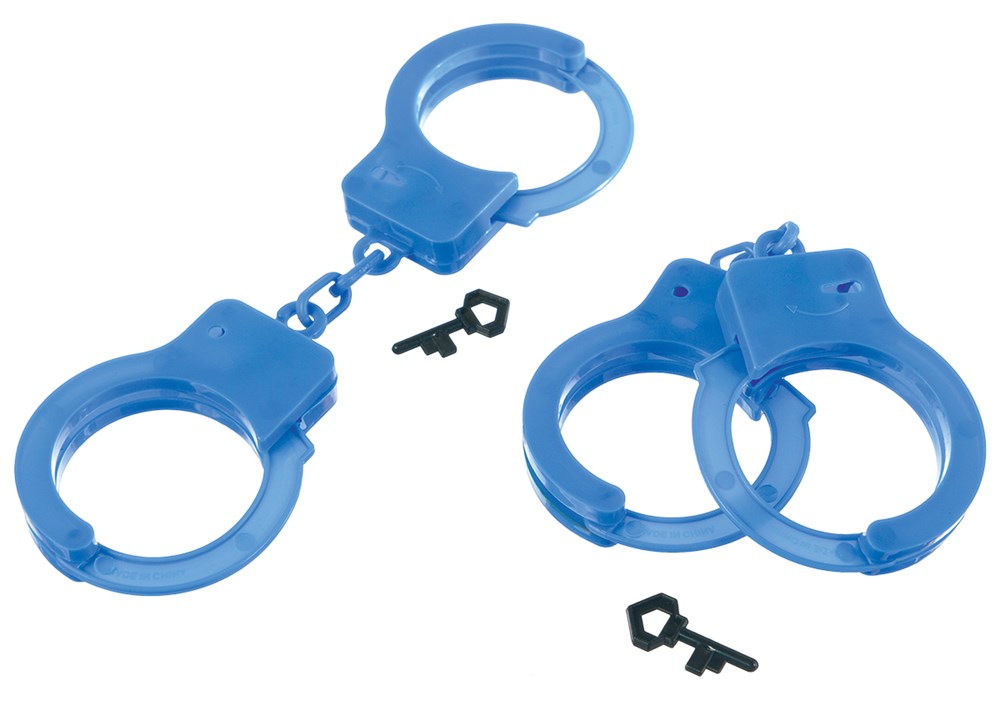 Two pairs of blue plastic toy handcuffs with small black plastic keys for unlocking.