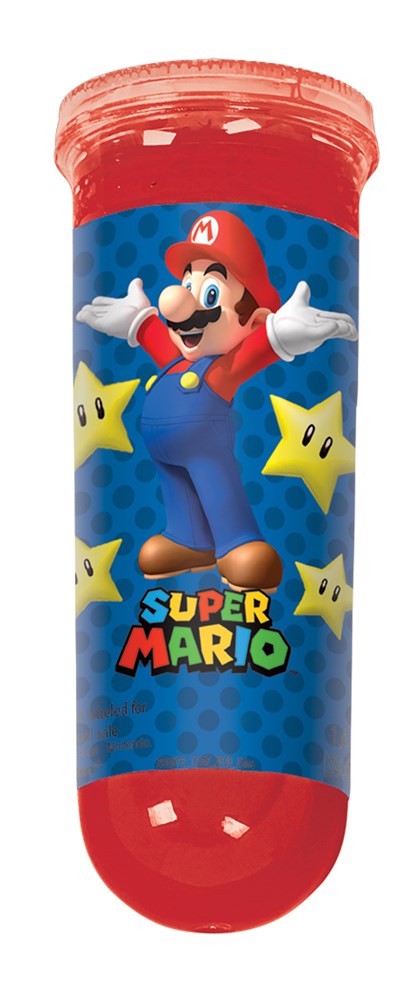 Red cylindrical slime tube favor featuring Super Mario in blue overalls and red hat, surrounded by yellow stars.