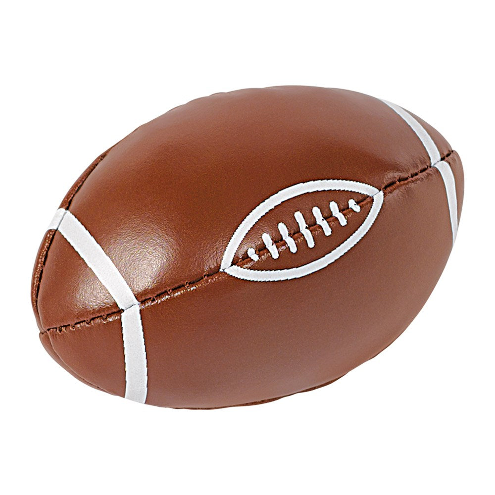 Small brown mini football with white laces and stripes, designed as party favors for kids.