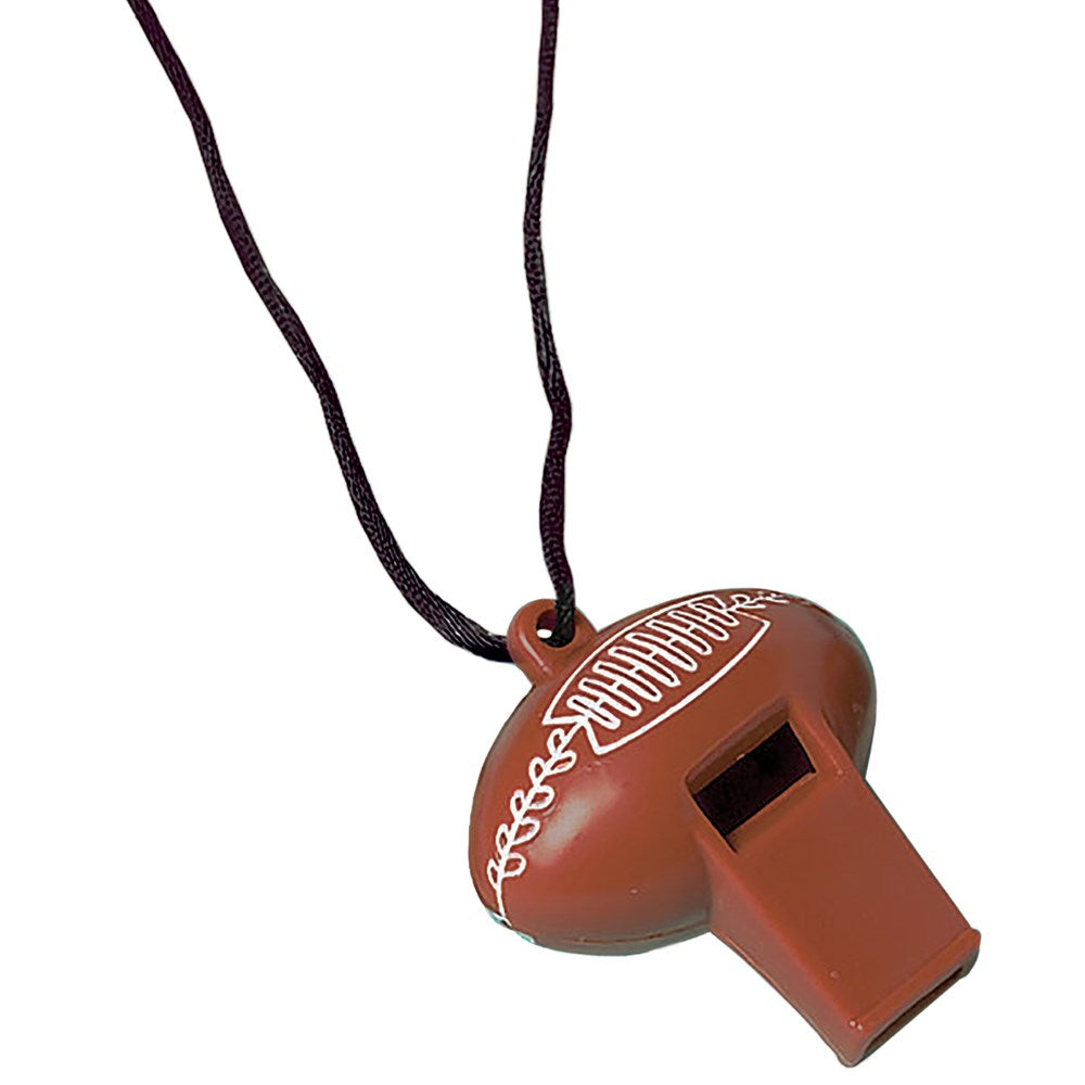 Brown plastic whistle shaped like a football with white laces detail and attached black cord.