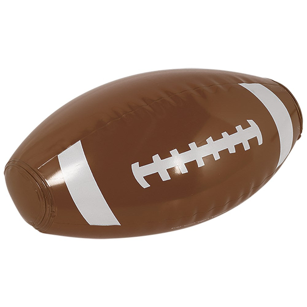Small brown inflatable football with white laces and stripes, shiny smooth plastic surface.