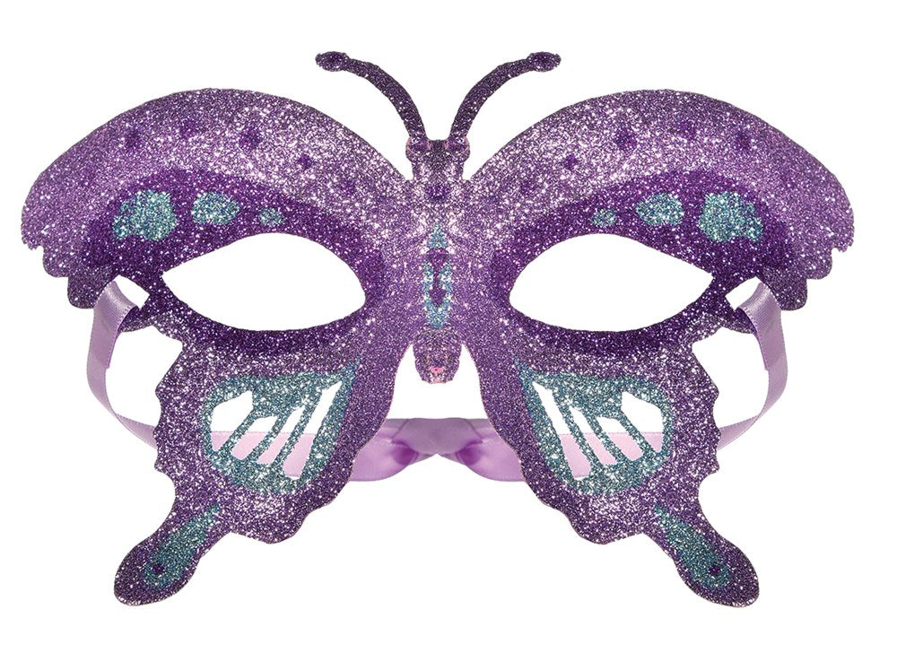 Purple glitter butterfly eye mask with teal and white wing accents and satin ribbons.