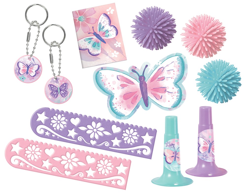 Colorful butterfly-themed party favors including butterfly keychains, butterfly stickers, purple, pink and blue pom-poms,.