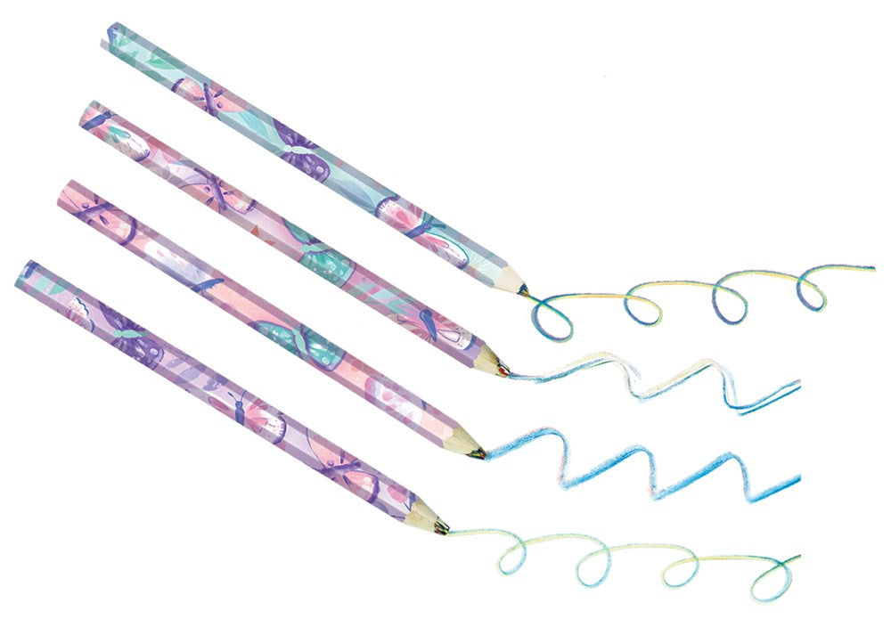 Set of four colorful pencils with pastel unicorn and rainbow designs, each creating multicolored swirls.