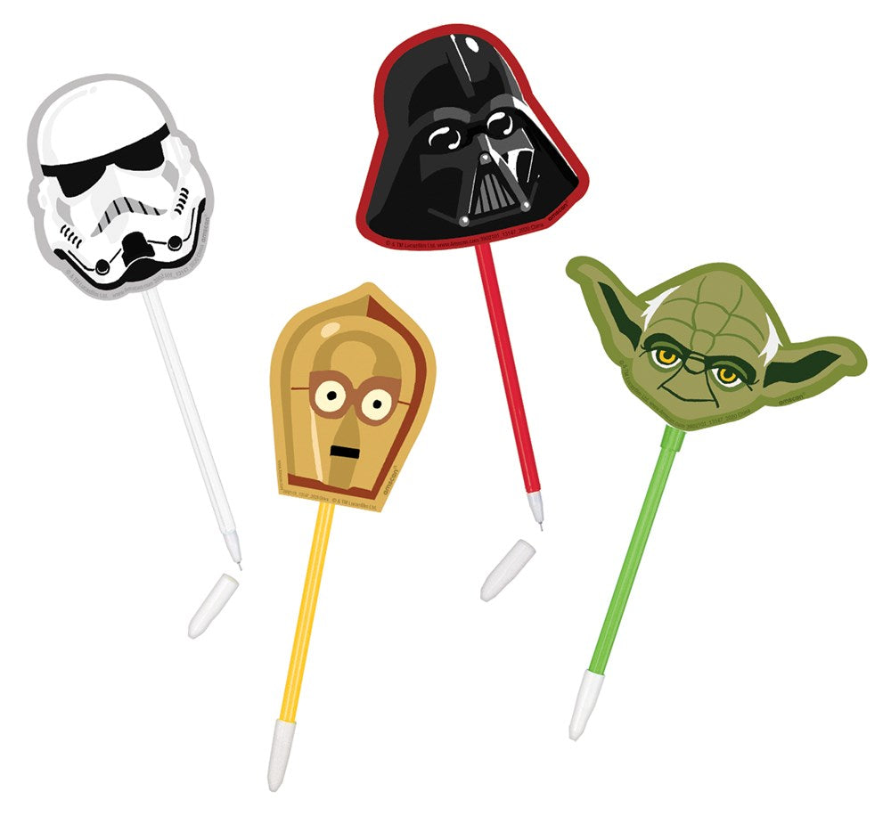 Set of 8 colorful plastic pens topped with Star Wars character heads including Stormtrooper, Darth Vader, C-3PO, and Yoda.