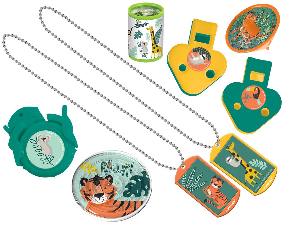 Animal-themed birthday party favor set with tiger ball, orange and green whistle, and animal face tags on chains.