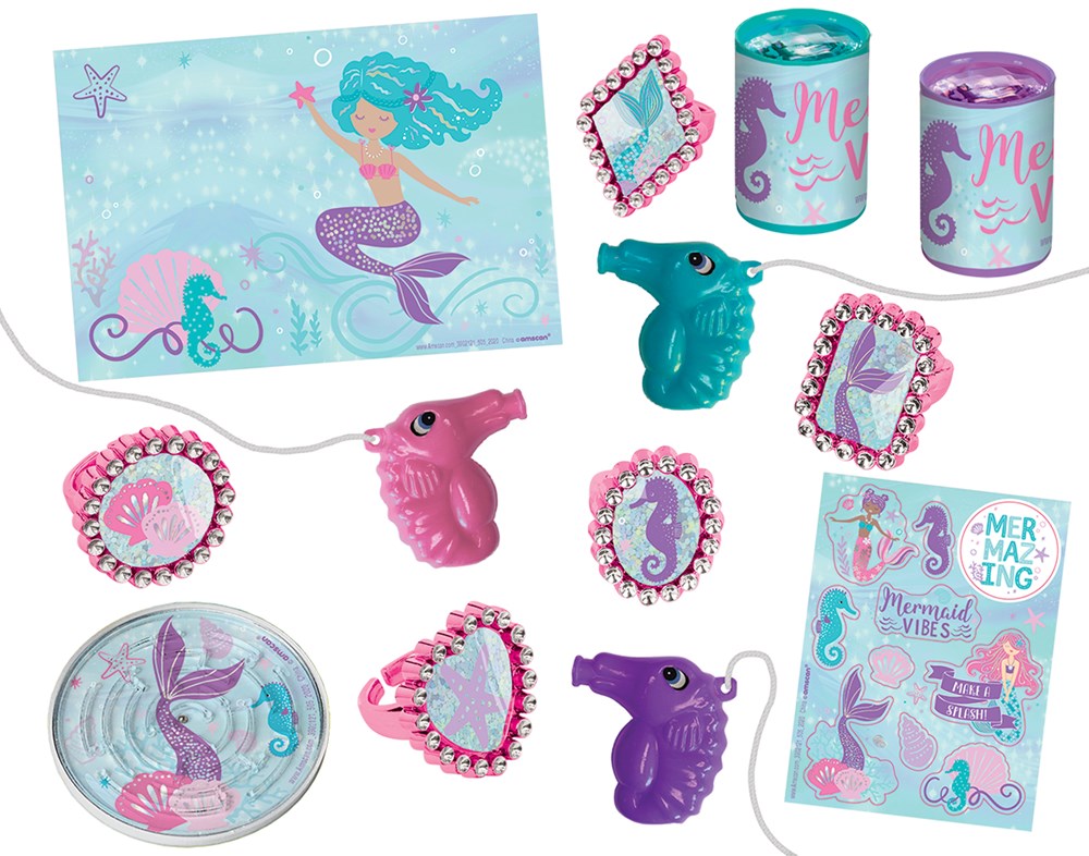 Assorted mermaid-themed party favors in pink, purple, and teal including frames, rings, bracelets, stickers, and coin banks.