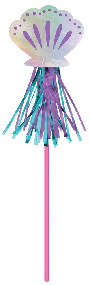 Pink stick wand topped with a glittery purple and white seashell and turquoise foil tassels.