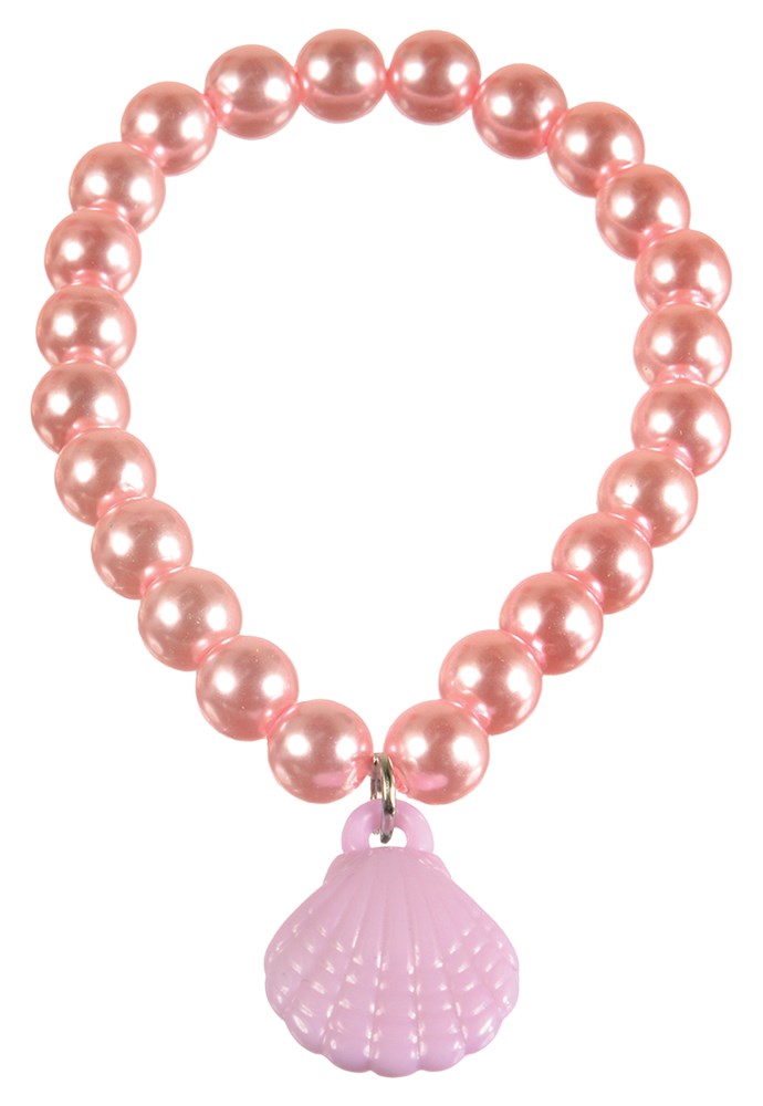 Pink pearl bead bracelet with a textured purple seashell charm on a silver loop.