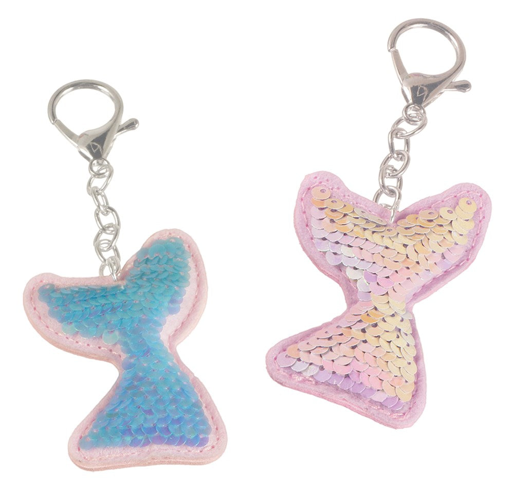 Two puffy mermaid tail keychains with reversible blue and pink flip sequins and silver lobster clasps.
