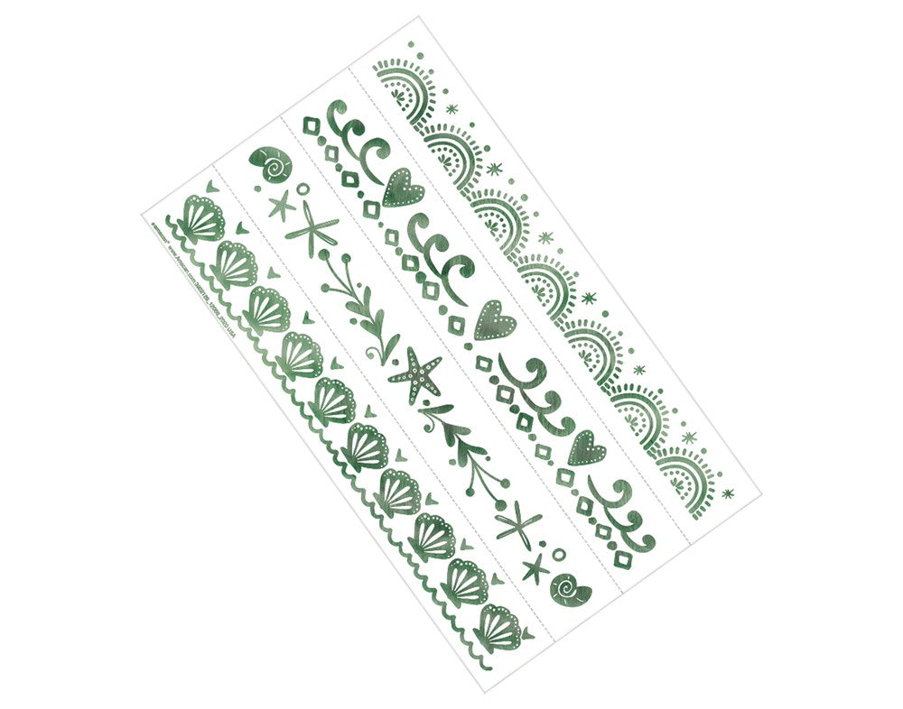 Sheet of green metallic foil temporary tattoo bracelets with mermaid and ocean-themed designs including shells, starfish,.