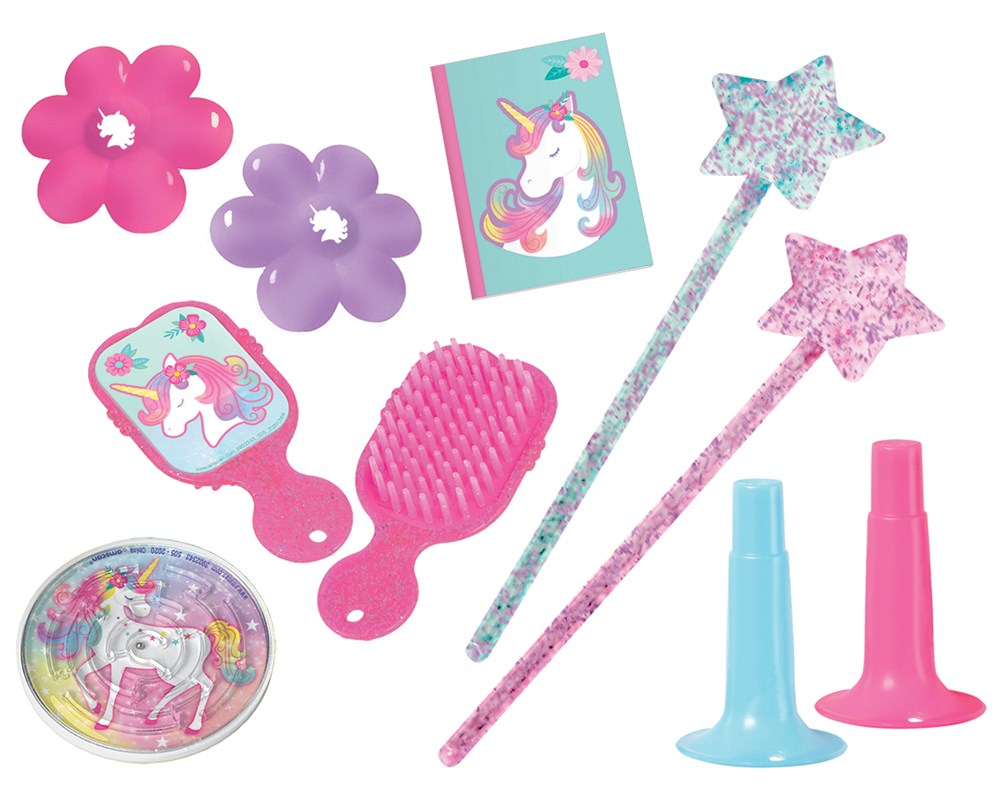 Enchanted Unicorn party favors featuring pink and purple flower rings, a unicorn mirror and brush set, glittery star wands,.