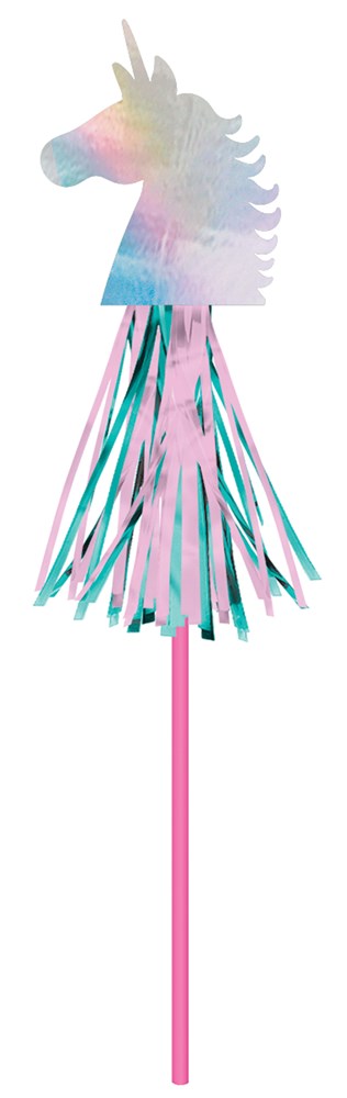 Set of six pastel rainbow unicorn wands with pink sticks and multicolored tassels.