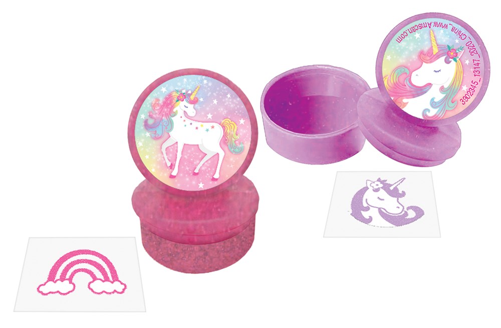 Set of eight pink and purple round plastic stampers featuring unicorn and rainbow designs with matching ink pads.