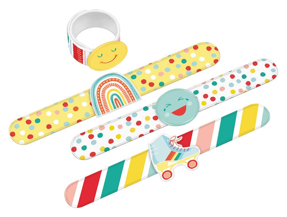 Four colorful slap bracelets with smiley faces, rainbow, roller skate, and polka dot designs.