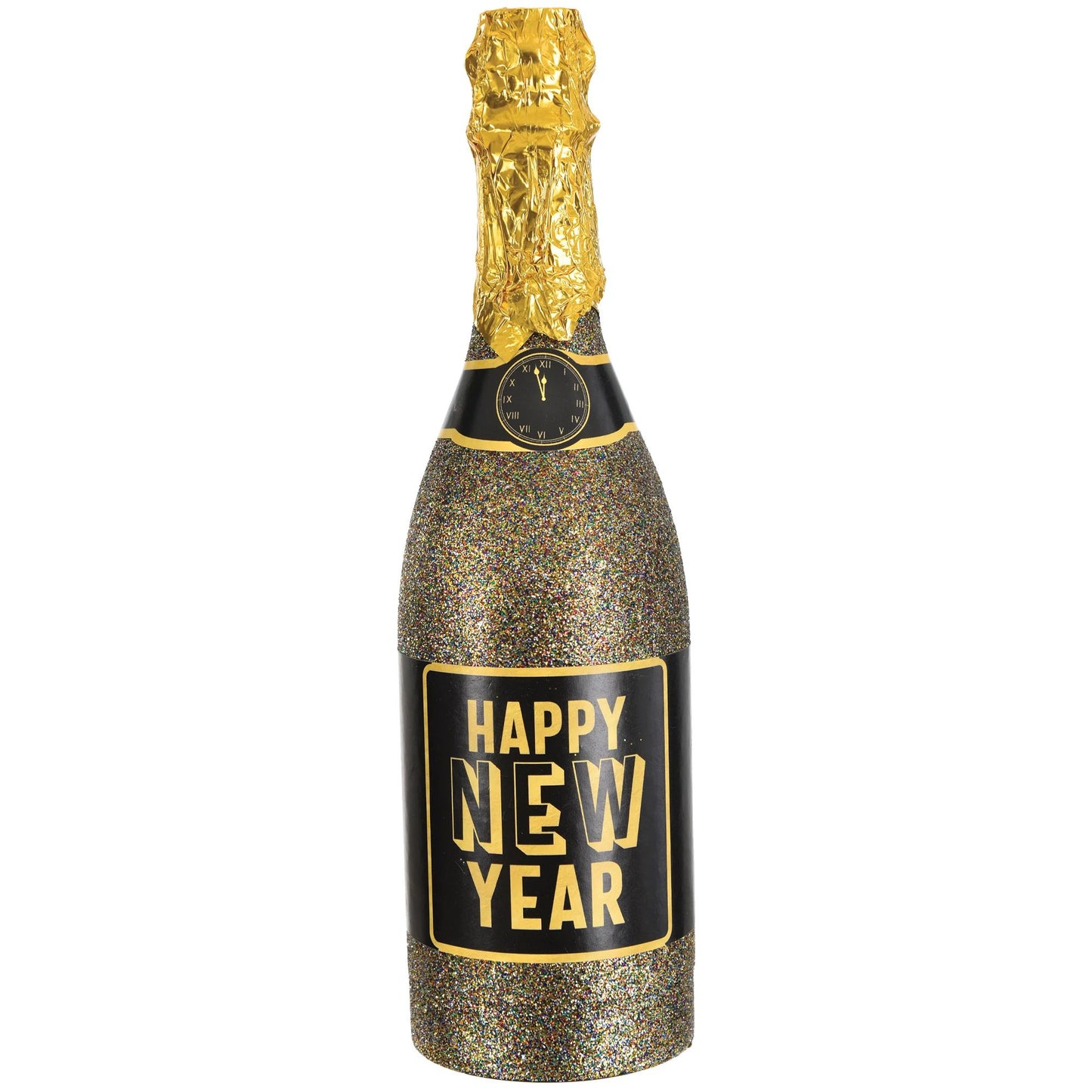 Gold glitter New Year party popper shaped like a champagne bottle with black and gold "Happy New Year" label.
