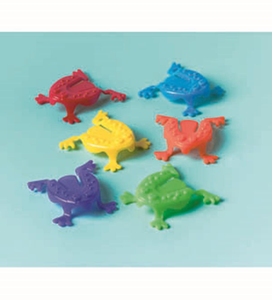 Assorted colorful plastic jumping frog toys in red, blue, yellow, orange, purple, and green on a light blue surface.