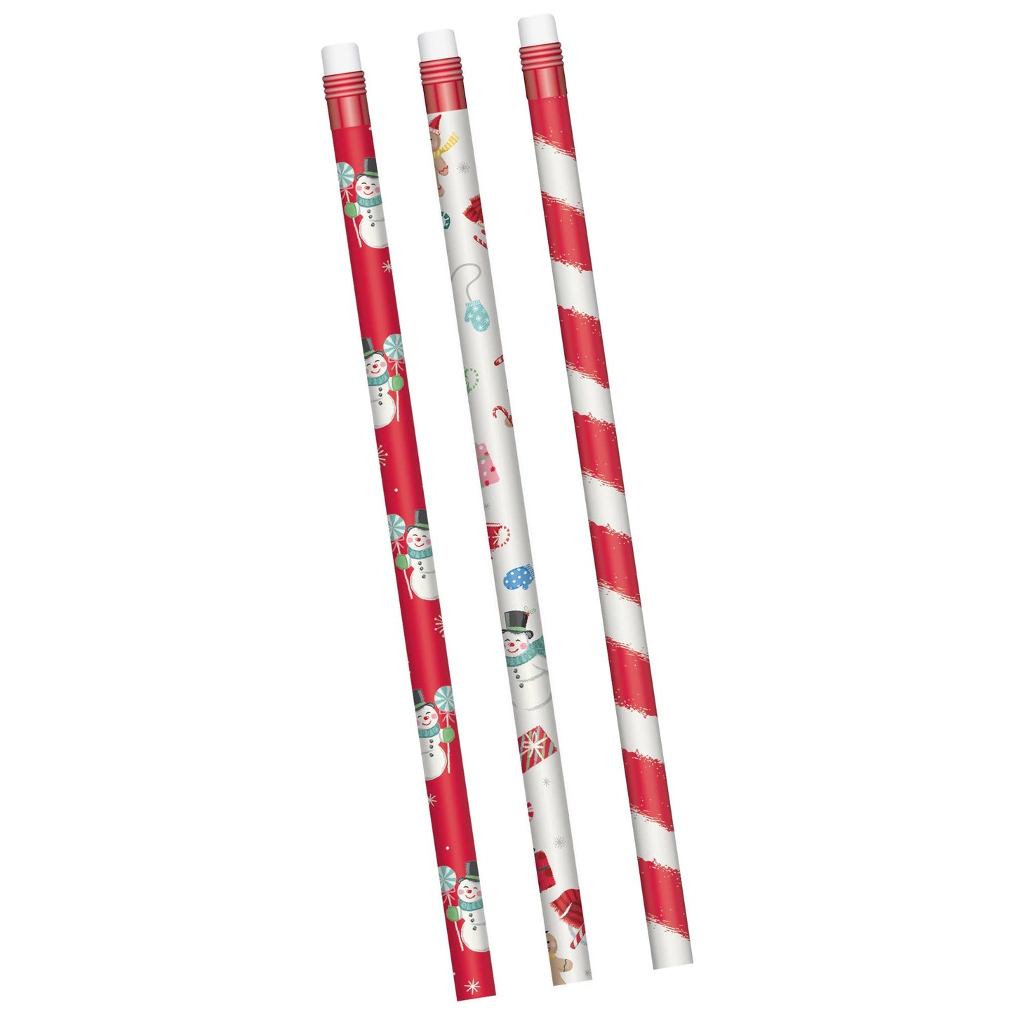 Set of four holiday pencils with red, white, and silver peppermint, snowman, and striped designs, topped with white erasers.