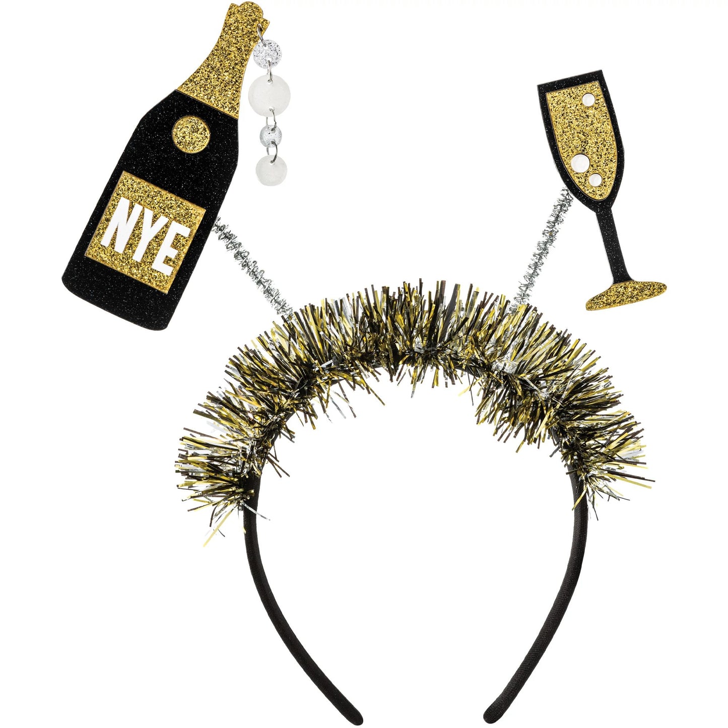 Black headband with gold and silver tinsel, featuring hanging charms of a black champagne bottle and a gold champagne glass.
