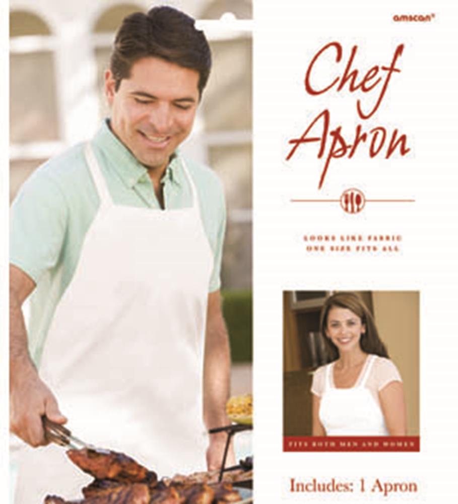 White chef apron with neck loop and waist ties worn by man and woman, lightweight fabric.