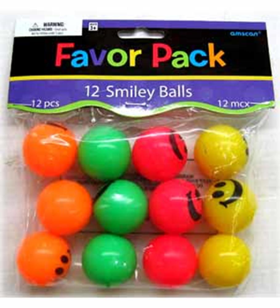 Set of 12 colorful 35mm rubber smiley face bounce balls in orange, green, red, and yellow.